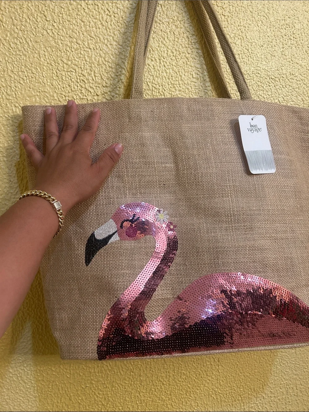 Pink Sequin Flamingo Jute Tote